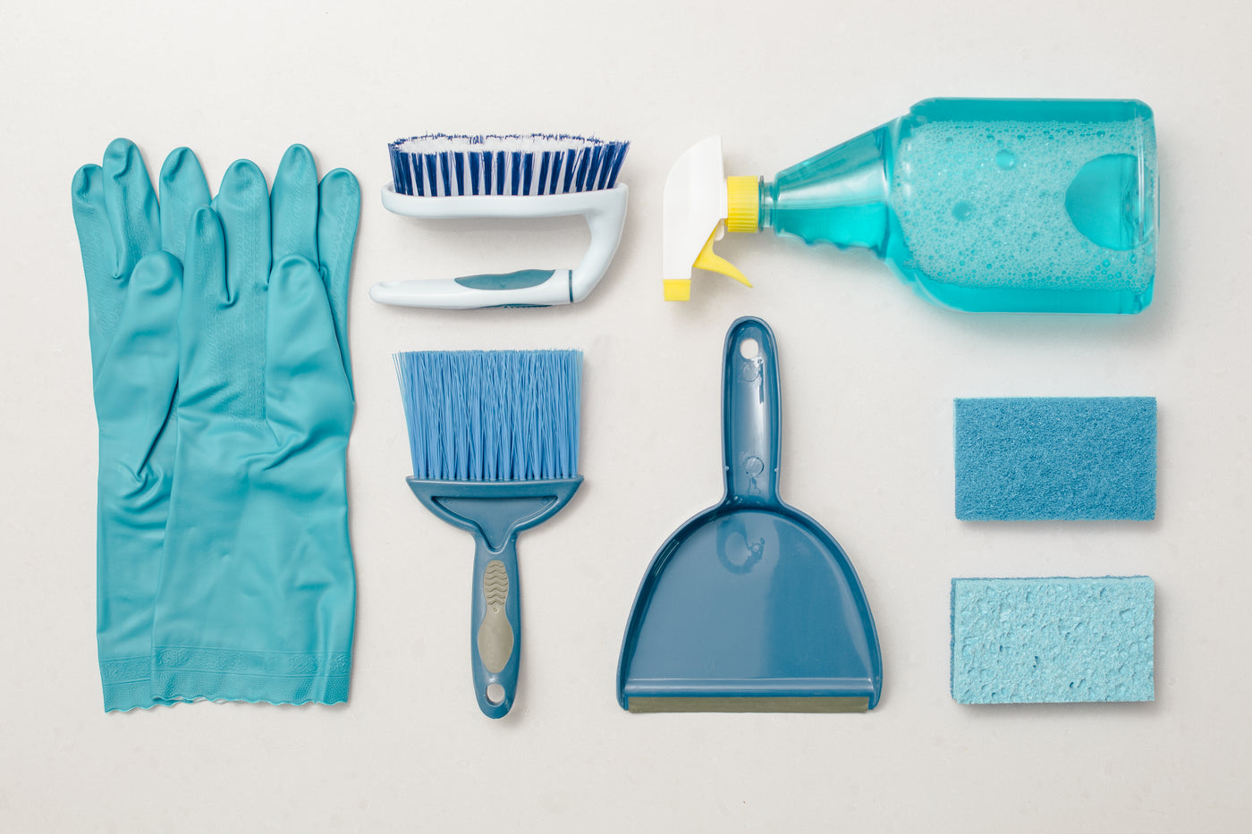 Professional cleaning supplies laid out in order